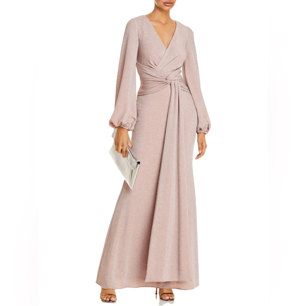 AQUA Twist-Front Metallic V-Neck Evening Gown in Blush Pink - Size XS